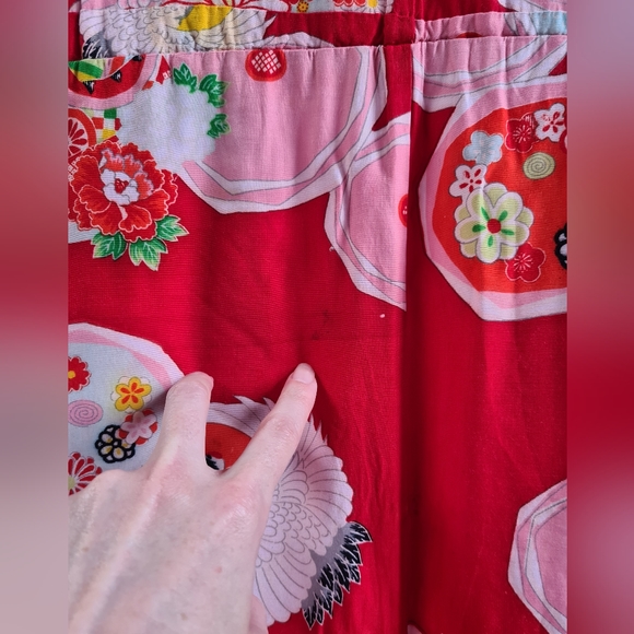 Vintage red japanese kimono, floral crane print, red pink green, handmade - Picture 9 of 14